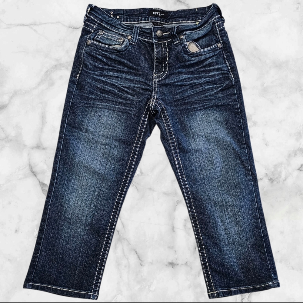 Suko Capri Jeans Womens 4 Straight Flap Pockets Faded Dark Wash Denim